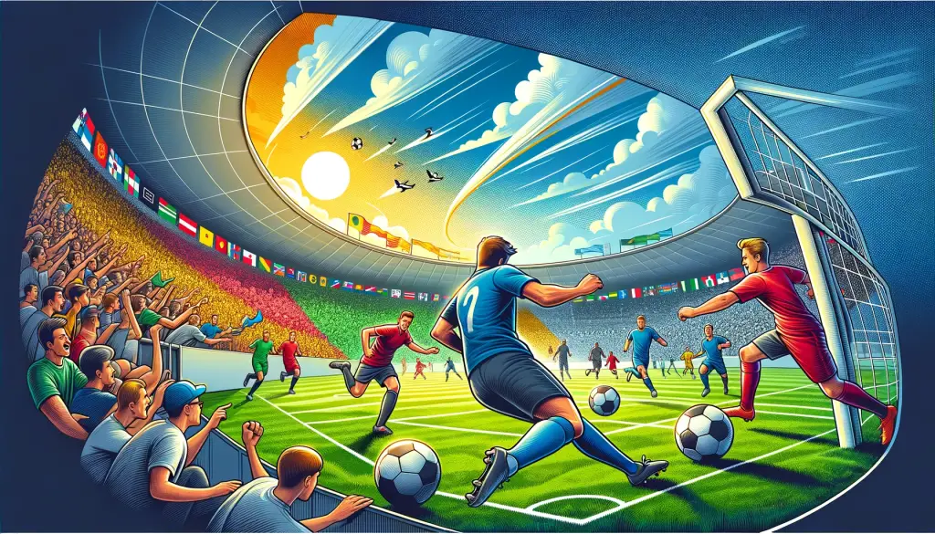 Cartoon illustration of a soccer match showing players in action on a grassy field, with dynamic dribbling past opponents, set against a backdrop of a stadium filled with cheering fans, capturing the global excitement of soccer.