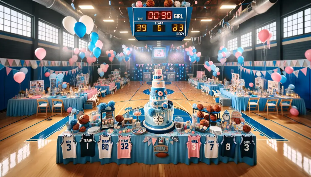 Sports Themed Gender Reveal Party Theme Idea with jerseys, pennants, and other sports decorations for a gender reveal.