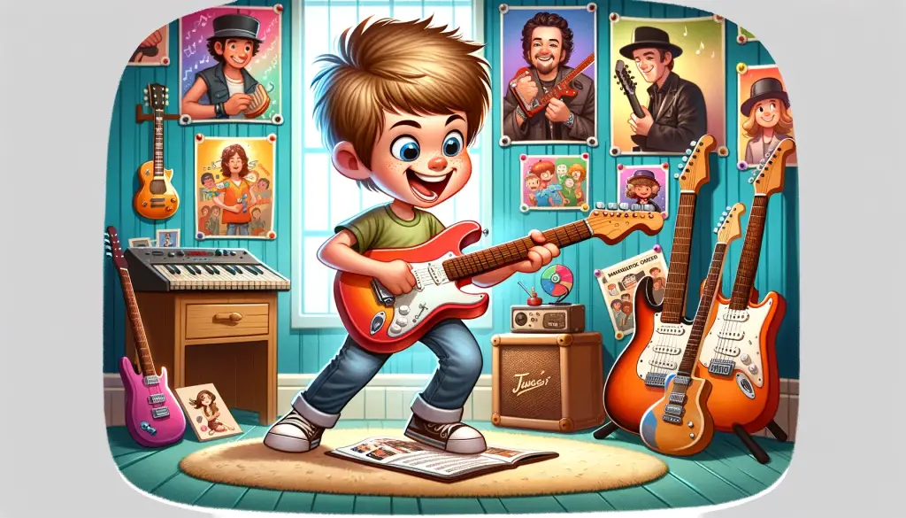 Young child excitedly playing an electric guitar in a vibrant room with music-themed decorations, showcasing joy and enthusiasm in learning guitar.