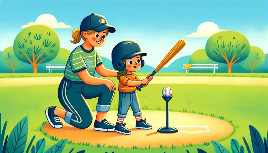 Teaching a Kid to Hit a Baseball for the First Time - Cartoon illustration of a mom in sports attire and cap, guiding her six-year-old daughter in a sunny park. The daughter, in a helmet, is preparing to swing at a baseball on a tee, under her mother's watchful eye. They're surrounded by a grassy field and a clear blue sky, capturing a joyful and educational moment in baseball.
