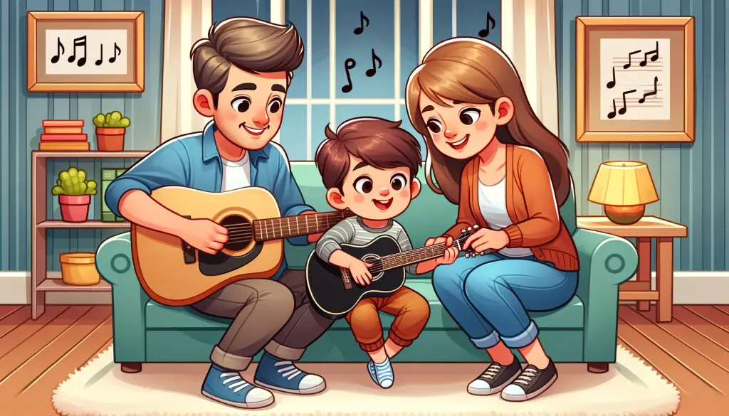 Happy family in a cozy living room with two parents teaching their child to play an acoustic guitar, symbolizing joy and family bonding through music.