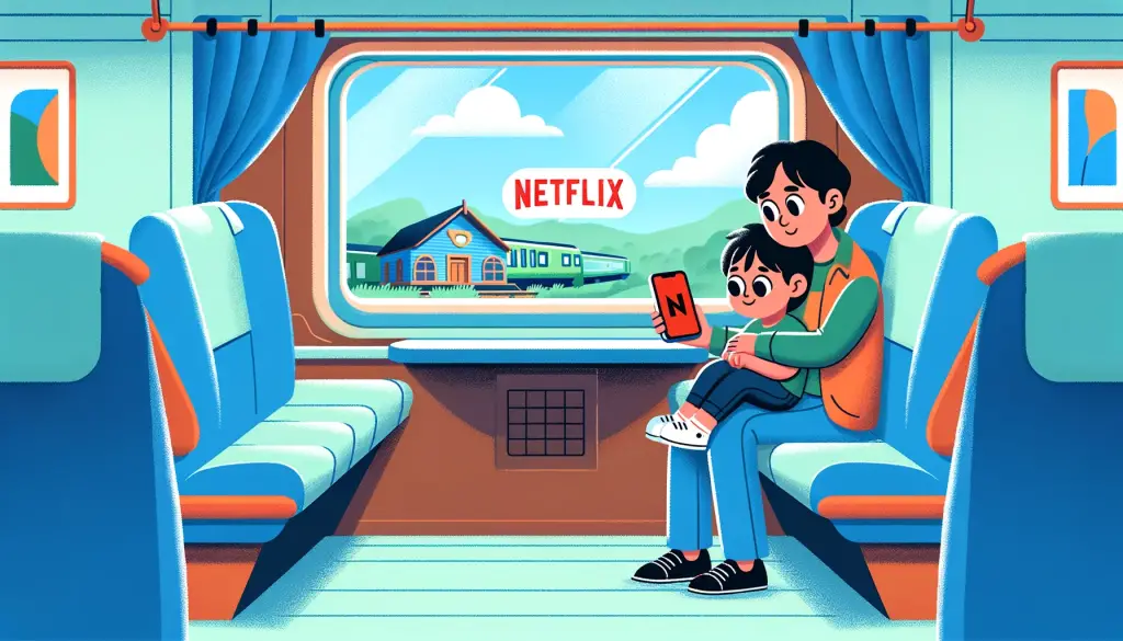 Cartoon illustration of a toddler and parent enjoying a Netflix show on a smartphone during a train journey, symbolizing a blend of travel, learning, and entertainment in a cozy train compartment.