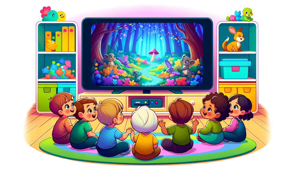 Cartoon illustration of toddlers in a playroom, excitedly watching a Disney show on TV, surrounded by plush toys.