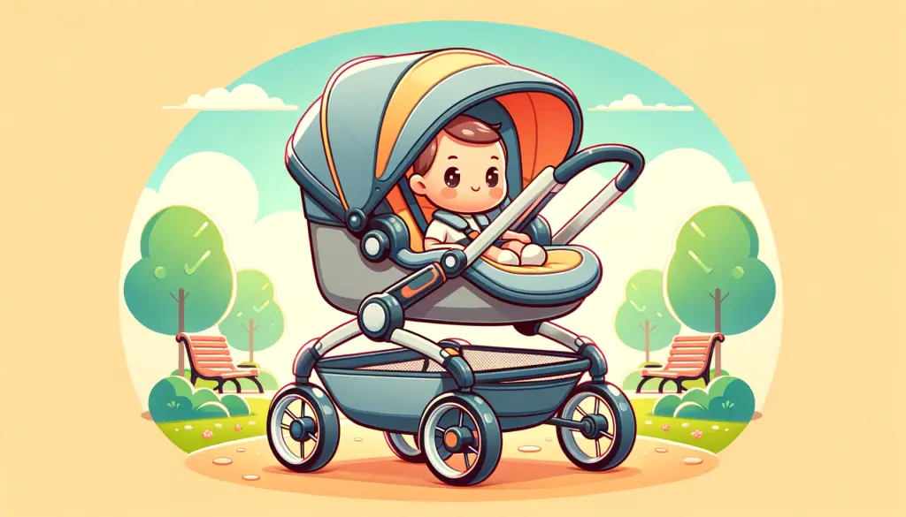 Cartoon illustration of a content baby secured in a rear-facing travel system stroller, with a vivid canopy, in a sunny park setting, highlighting the stroller's safety features and outdoor adaptability.