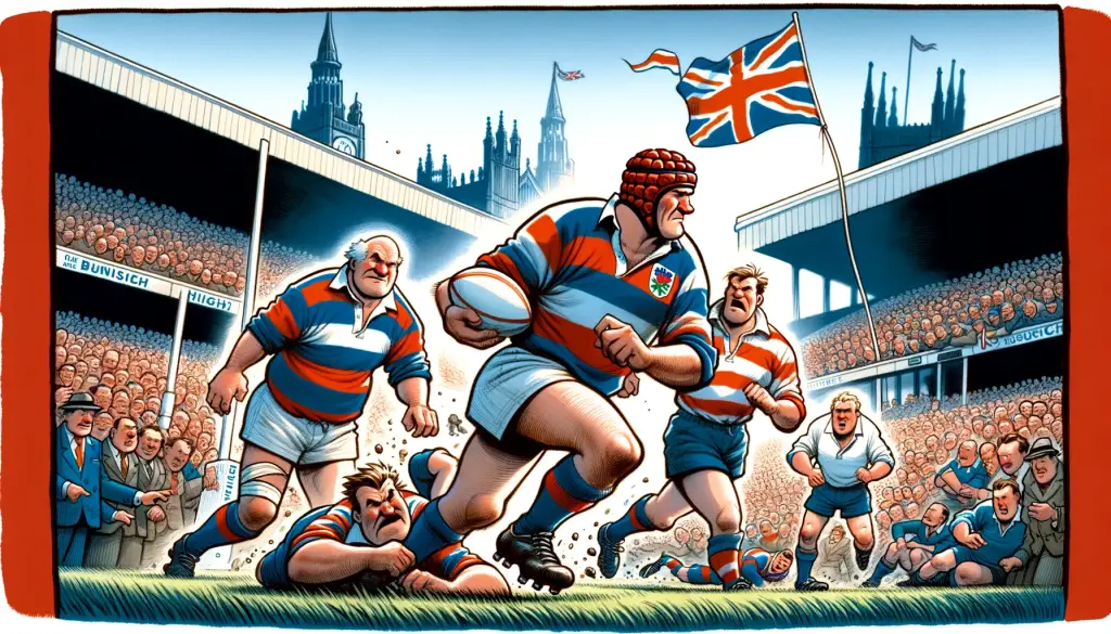 A vibrant cartoon scene of a rugby match in the UK, showcasing players engaged in the game in a British stadium, with the Union Jack flag highlighting rugby's popularity and the sport's enthusiastic fanbase in the UK.