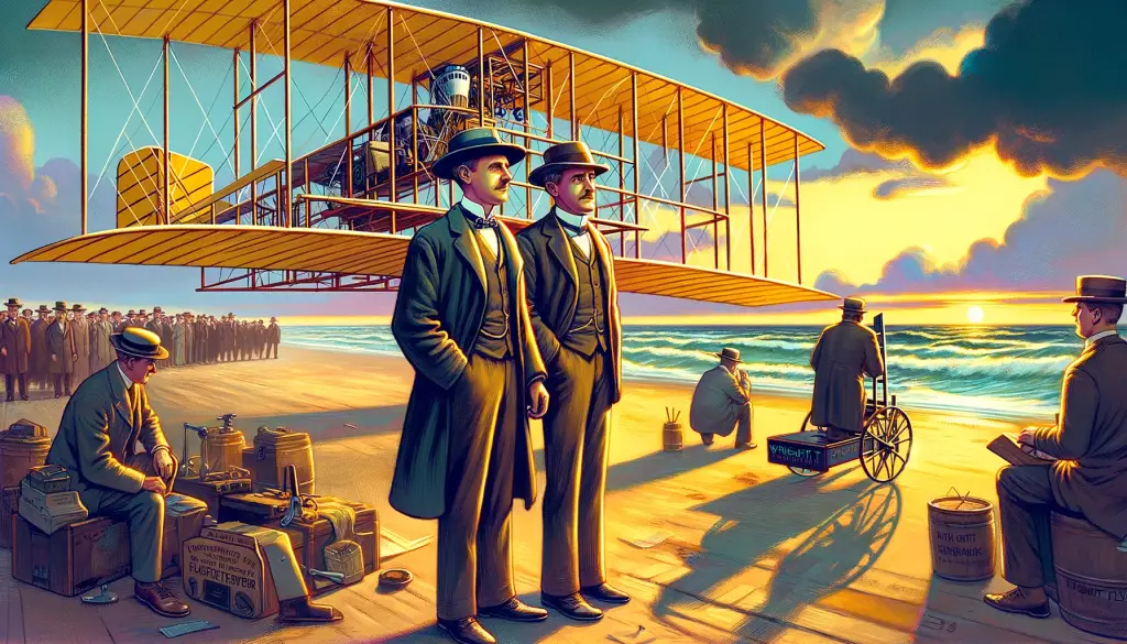 Dynamic and colorful cartoon depiction of the Wright Brothers' first flight in 1903 at Kitty Hawk, with the Wright Flyer taking off in the background, embodying the excitement, innovation, and sense of achievement of this groundbreaking event in aviation history.