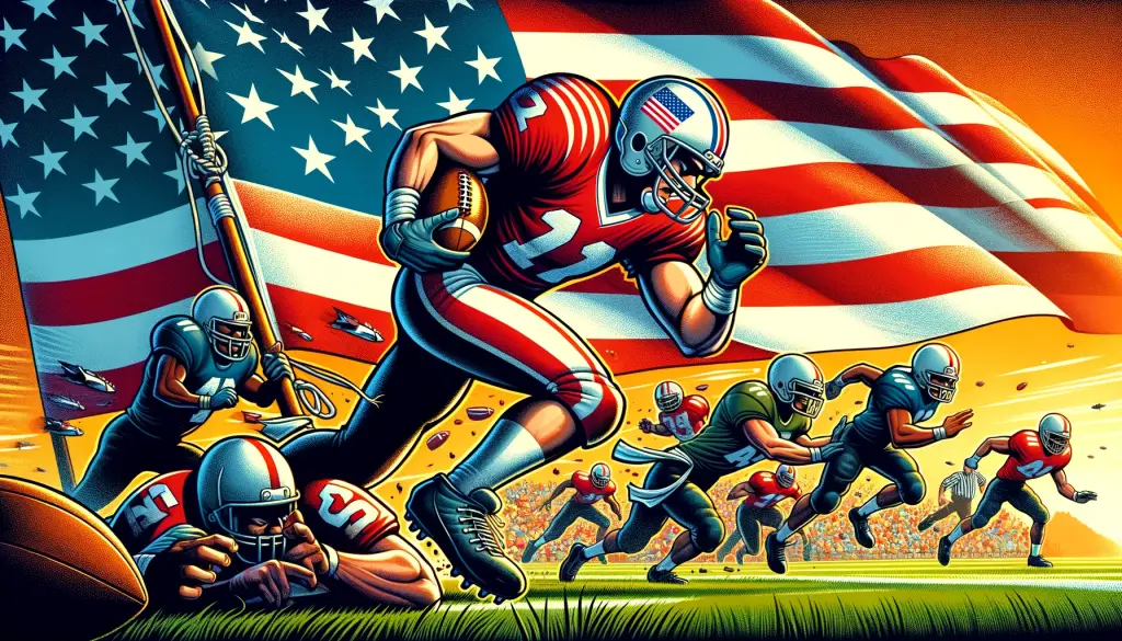 Cartoon illustration of an American football game in action, with players on the field and the American flag in the background, symbolizing the cultural significance of football in the USA.