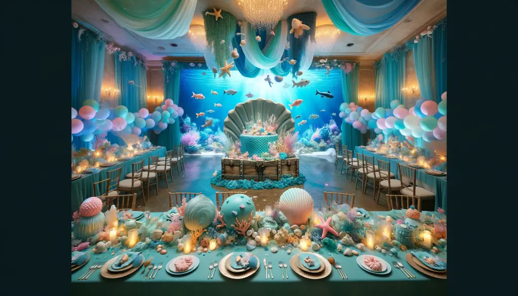 Under the Sea Fantasy Gender Reveal Party Theme with pastel blues and pinks, an aquarium in the background and a treasure chest and claim feature in the center of the room surrounded by tables and chairs