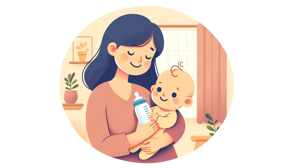 Cartoon illustration of a mom holding her baby and feeding with a bottle in a cozy room, showcasing a loving and nurturing moment