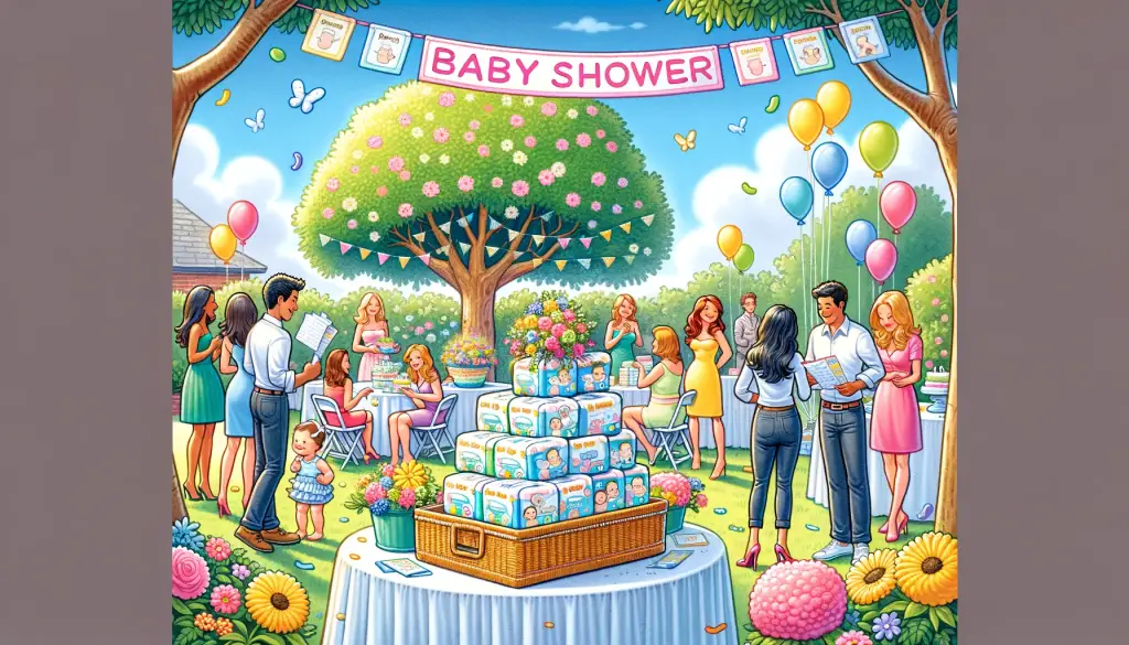 A lively, cartoon-style illustration of an outdoor baby shower featuring a diaper raffle. Guests are mingling in a garden setting under a tree, some holding raffle tickets and others bringing diaper packs to a decorated table. The scene is sunny and festive, capturing the joy of an outdoor celebration with a diaper raffle