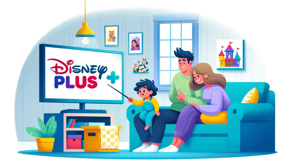 Cartoon illustration of a parent and toddler enjoying Disney Plus on TV, sitting on a couch in a cozy, family-friendly living room.