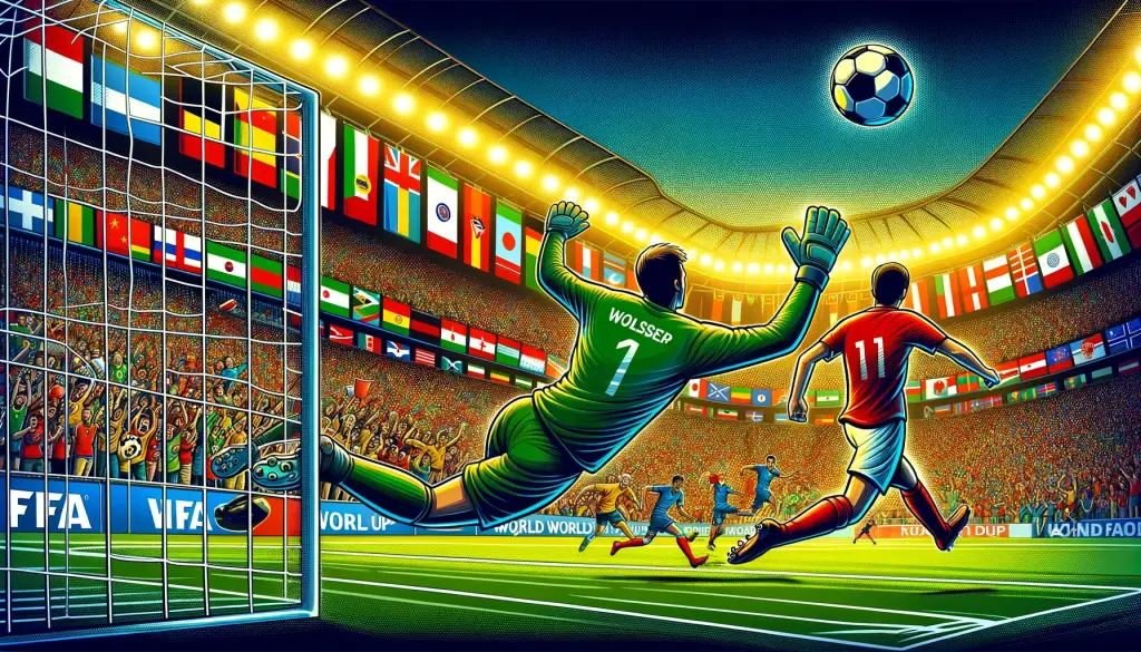 A vibrant cartoon scene from a FIFA World Cup soccer game, depicting a striker taking a shot at goal with the goalkeeper diving to save, set against a backdrop of a packed and diverse stadium audience, highlighting the passion and global appeal of the World Cup.