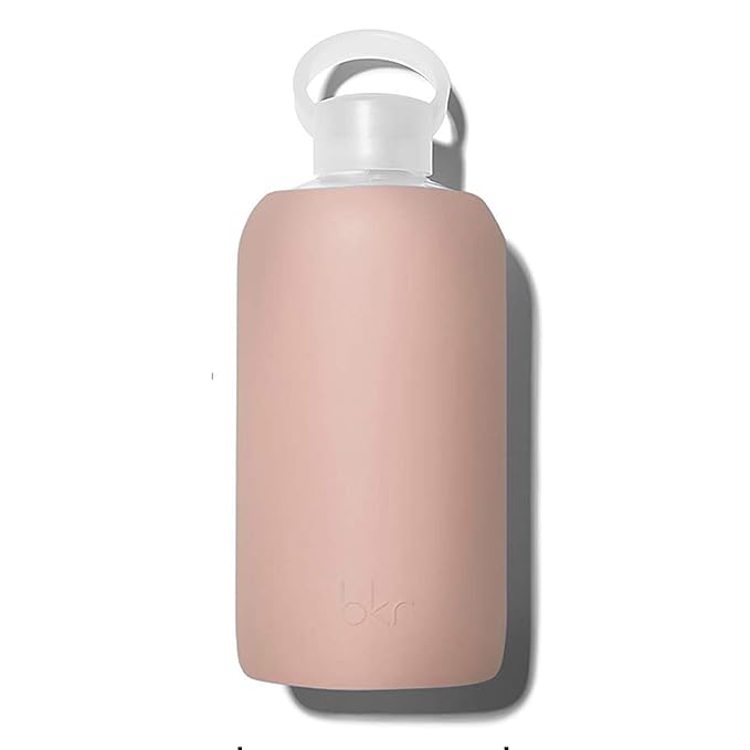 bkr Big Smooth Teddy - Reusable Glass Water Bottle - Leakproof, Cute, Reusable, Travel Friendly, Carrying Loop - Dishwasher Safe - Removable Silicone Sleeve - BPA Free - 32oz/1L - Blushed