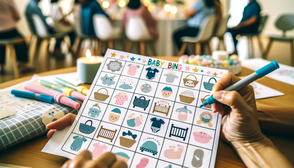 Close-up cartoon illustration of baby bingo cards in the hands of baby shower guests, surrounded by baby-themed decorations and a 'Welcome Baby' banner, showcasing the excitement of the game.
