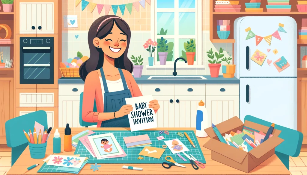 Creative DIY baby shower invitation making session with a smiling woman at her bright kitchen workspace