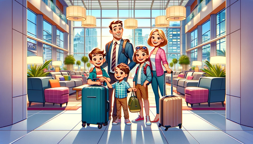 A joyful family with luggage in a Vancouver hotel lobby, capturing their excitement upon arrival for their urban vacation.