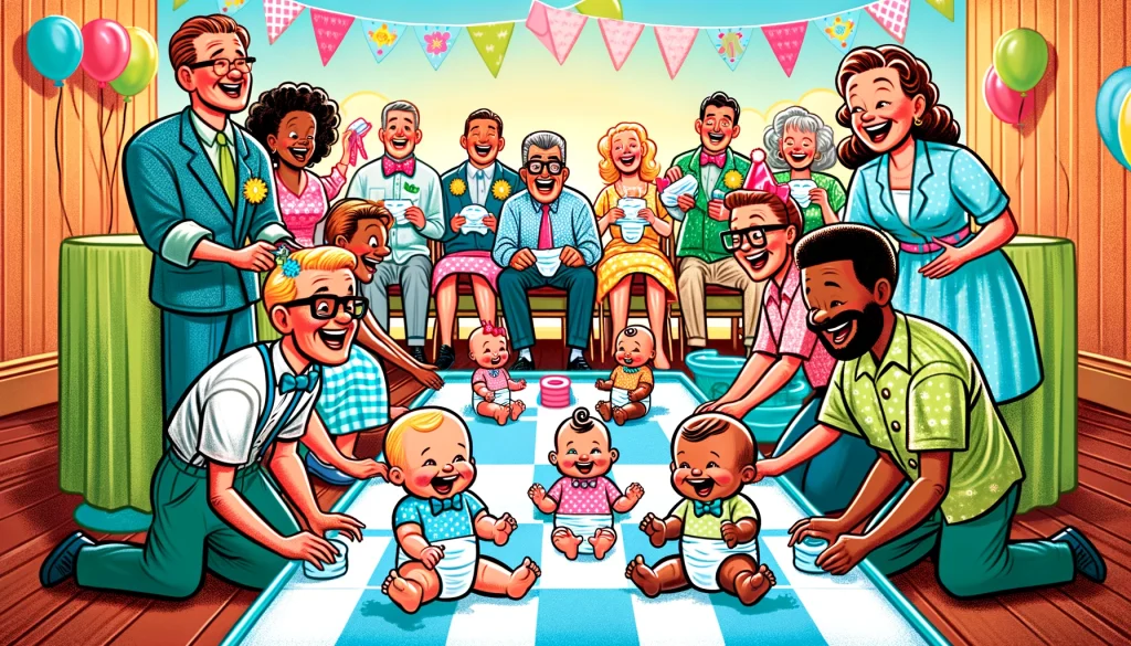 a co-ed baby shower diaper derby, with guests of all genders participating in a playful diaper-changing race, surrounded by colorful party decorations.