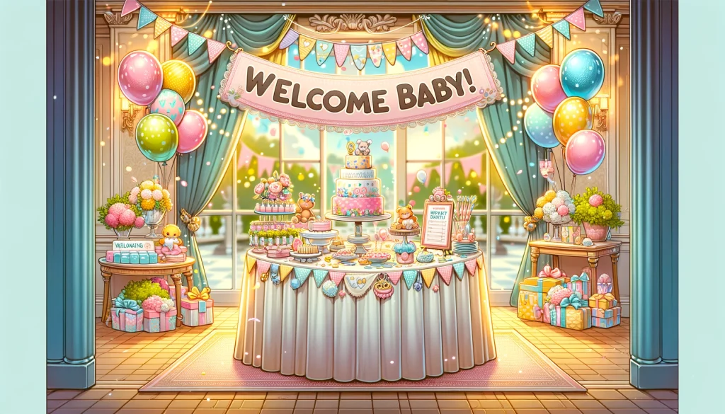 a joyous baby shower scene with a table showcasing a baby registry list, balloons, and a 'Welcome Baby' banner, depicting a celebration of new life.