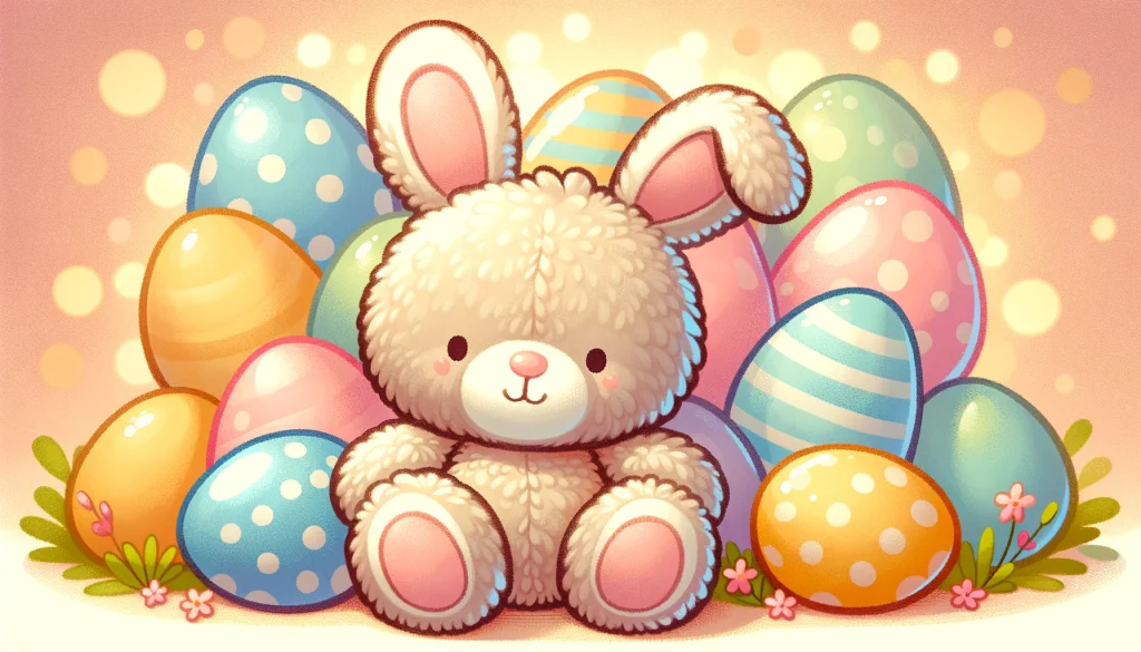 a huggable plush bunny among pastel Easter eggs, ideal for toddler Easter baskets