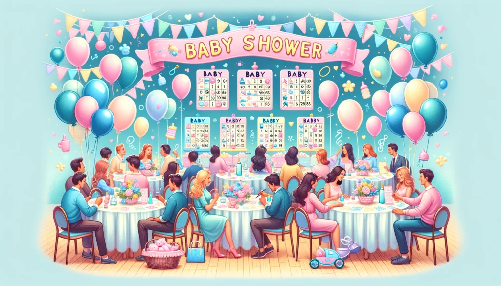 Cartoon illustration of a baby shower party playing baby bingo, with guests seated around pastel-decorated tables under a 'Baby Shower' banner, emphasizing the festive and joyful atmosphere.