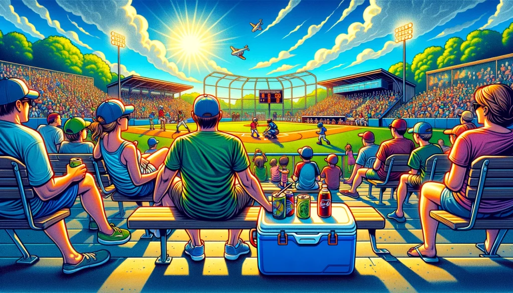 Parents in the stands with their cooler watching their kids' baseball game at the local baseball park