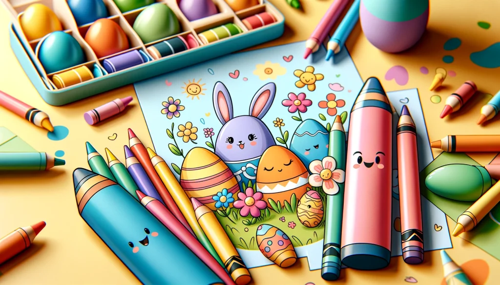 Bright cartoon of a child's creative space with non-toxic crayons and Easter coloring pages, fostering young artistic expression