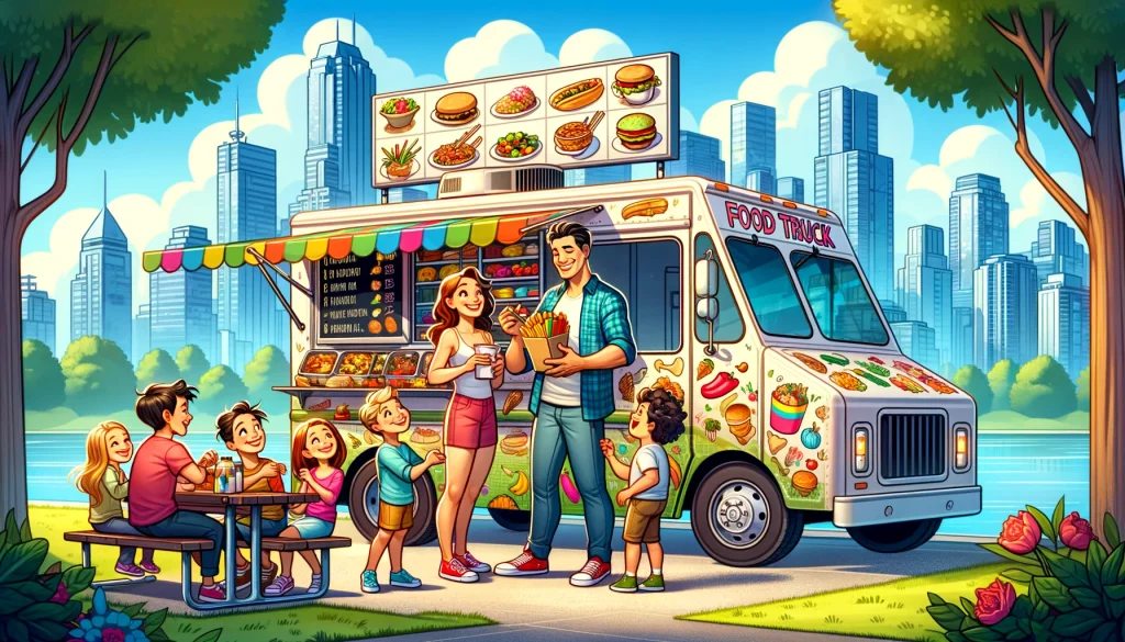 A family ordering from a food truck in a lively Vancouver park, showcasing a fun and casual dining experience with the city's skyline in the background.