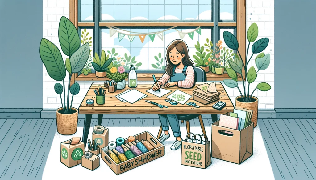 Eco-conscious woman creating baby shower invitations with recycled materials at a sunlight-filled workspace, embodying sustainability and creativity.