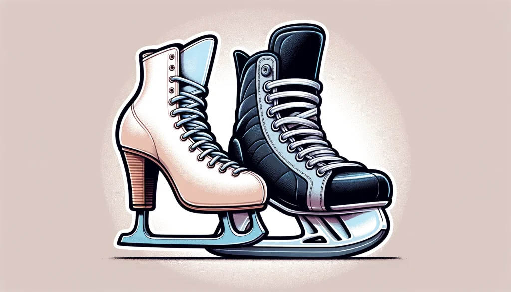 Comparing a figure skate and a hockey skate side by side, showcasing the elegant design and longer blade of the figure skate alongside the rugged, streamlined design of the hockey skate, highlighting the distinctive features and purposes of each skate type.