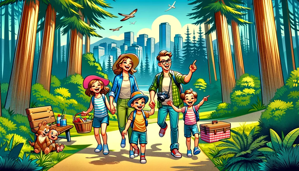 A family enjoying a day in Stanley Park, Vancouver, with children laughing and adults carrying a picnic basket, highlighting the park's natural beauty and the city skyline.