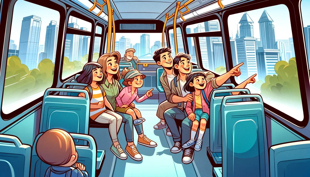 A family enjoying a ride on a Vancouver City bus, with children excitedly pointing at city landmarks, capturing the family-friendly and convenient public transportation experience.