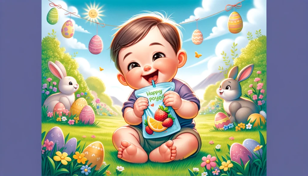 toddler eating fruit pouch with Easter decorations in the background, symbolizing joyful Easter moments.