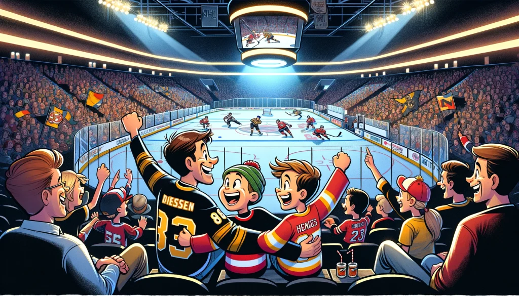 Dad and children cheering at an NHL hockey game, wearing team jerseys and enjoying the live match atmosphere in a packed arena.
