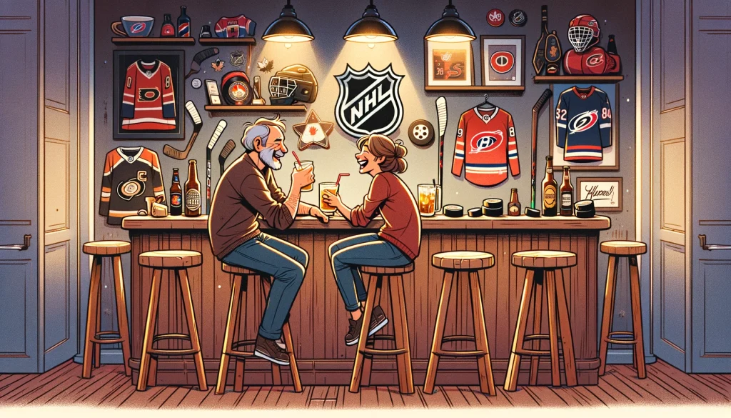 Dad and wife enjoying time together at a hockey-themed home bar, surrounded by NHL memorabilia, highlighting their shared passion for hockey.