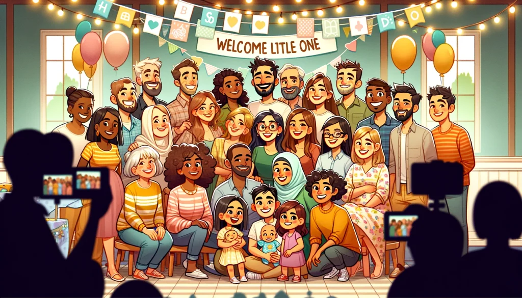 a diverse group photo at a co-ed baby shower, with guests smiling in a decorated setting, symbolizing inclusivity and the joy of celebrating new life together