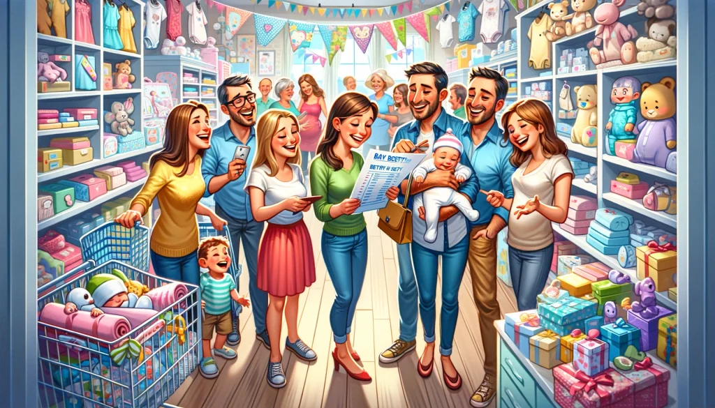 scene of friends and family joyfully shopping for baby registry gifts in a colorful store, showcasing community support for expectant parents.