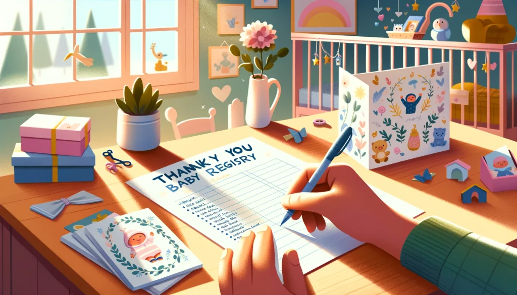 Bright and cheerful cartoon depiction of writing personalized thank you cards for baby registry contributions, set in a sunlit nursery, symbolizing heartfelt gratitude.