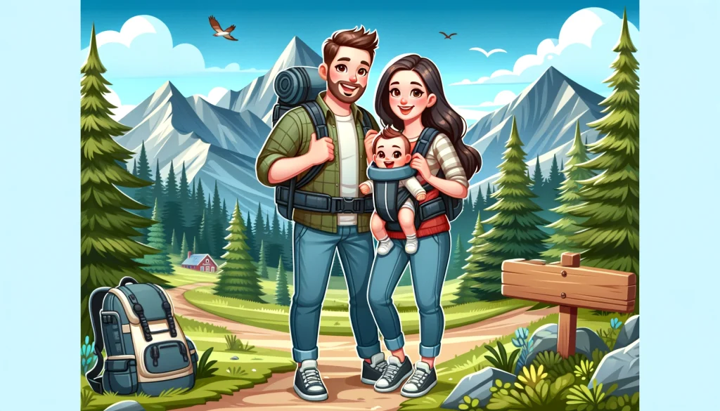 Family with a baby in a carrier exploring the scenic beauty of mountains, surrounded by pine trees and wildlife.
