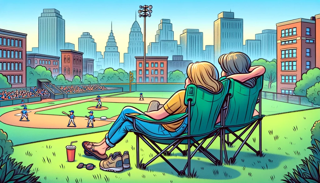 Two moms at an urban baseball park, sitting in portable camping chairs with the city skyline behind them, focused on their children's game.