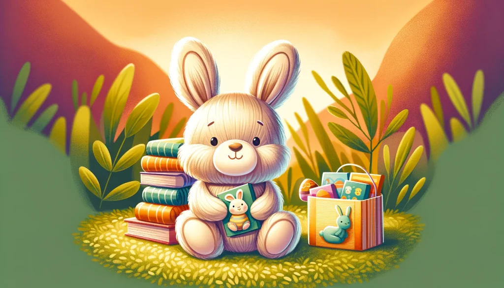 a plush Easter bunny companion next to a stack of colorful, baby-safe books, capturing a cozy and educational playtime environment