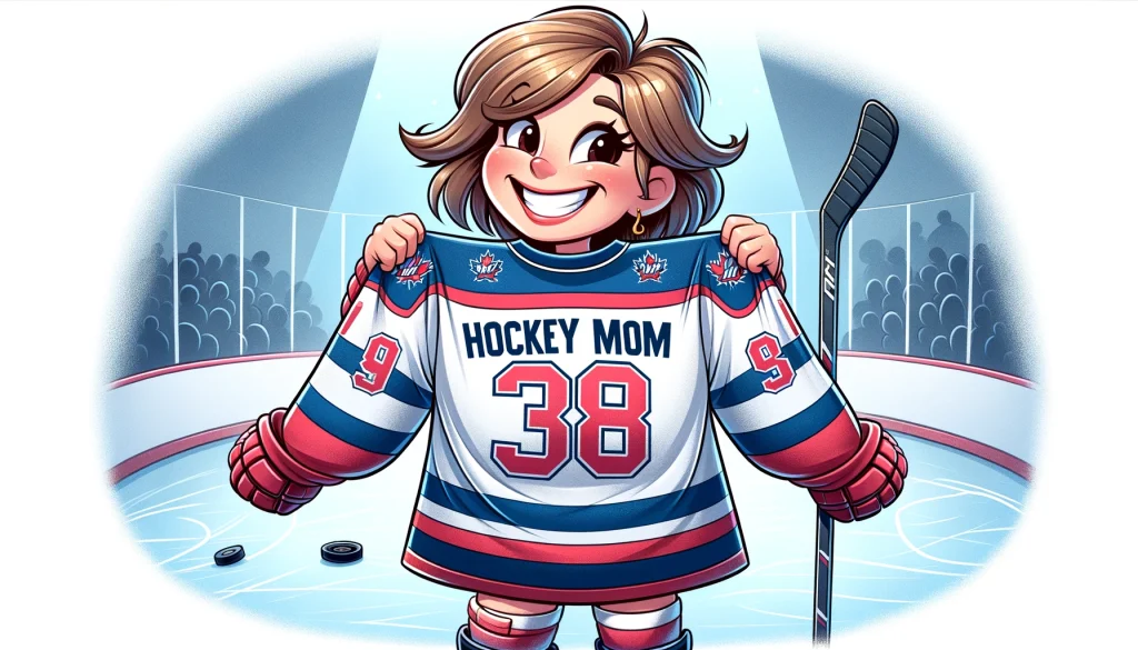 Joyful hockey mom in personalized jersey at rink, showcasing her support and dedication to her child's team