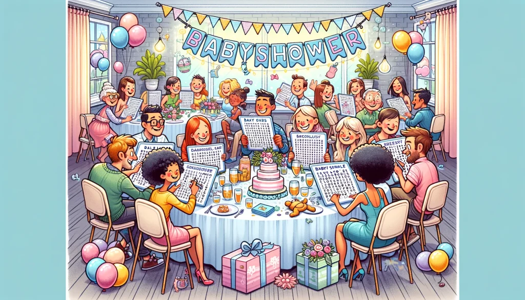 A lively scene at a baby shower, where a diverse group of friends and family are joyfully engaging in a baby word scramble game. The festive atmosphere is highlighted by baby shower-themed decorations, balloons, and a celebratory cake, emphasizing the community spirit and enjoyment of the celebration.