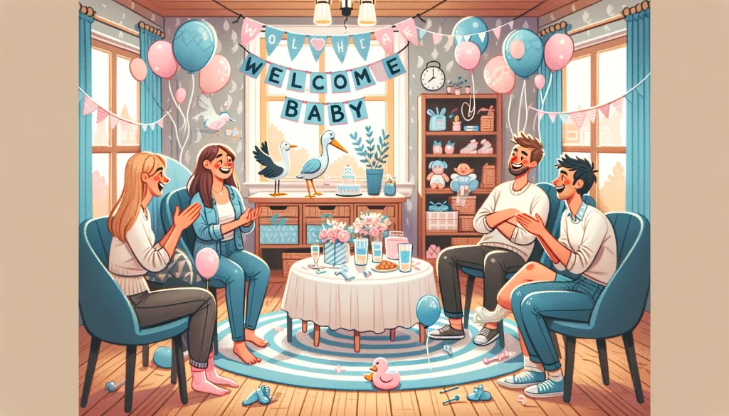 Intimate gathering for a baby shower game of charades, depicted in a warm, cartoon illustration with blue and pink baby-themed decorations, capturing the essence of family and friendship.