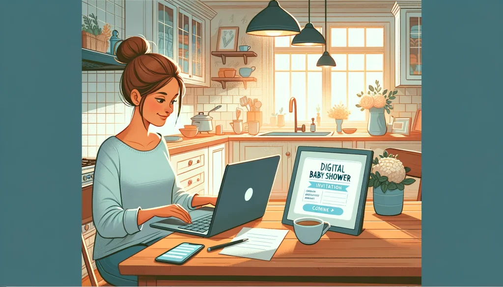 Woman designing digital baby shower invitations on her laptop at a cozy kitchen table, with notes and a cup of coffee beside her.