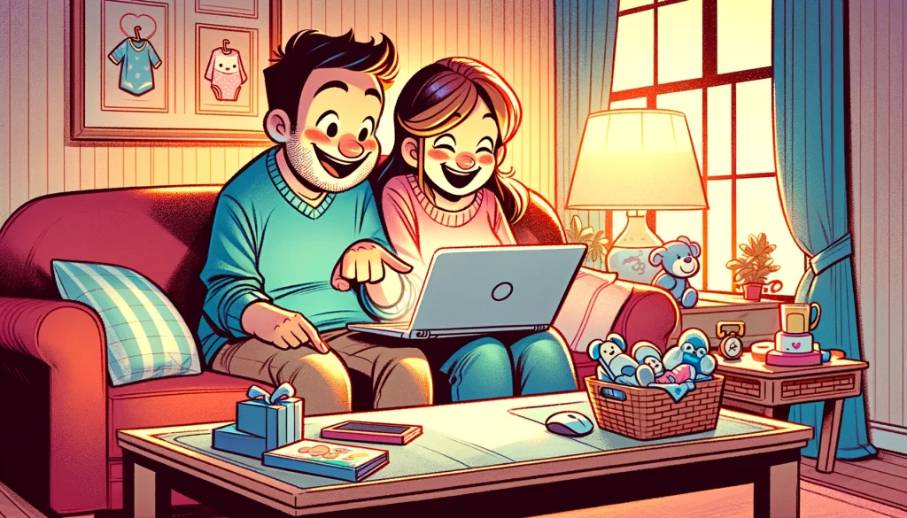 a joyful couple browsing baby registry items online, sharing a laugh over a laptop in a cozy living room setting, highlighting the fun of preparing for a baby