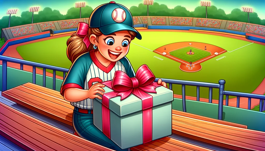 A joyful baseball mom opening a gift on bleachers with a baseball field in the background, showcasing team spirit and excitement.
