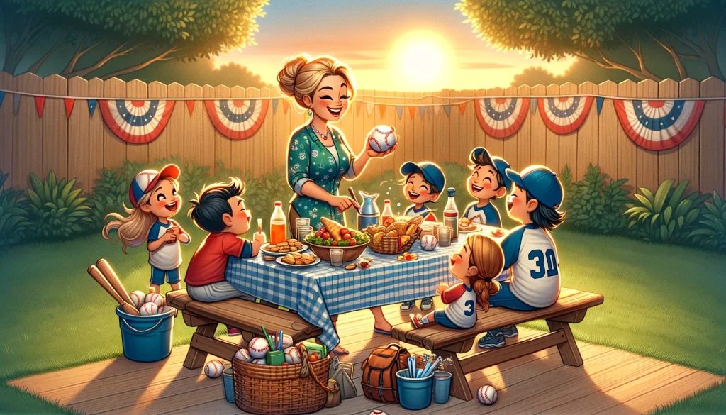 A baseball mom setting up a post-game celebration in her backyard, highlighting the joy of teamwork and community bonding through sports.