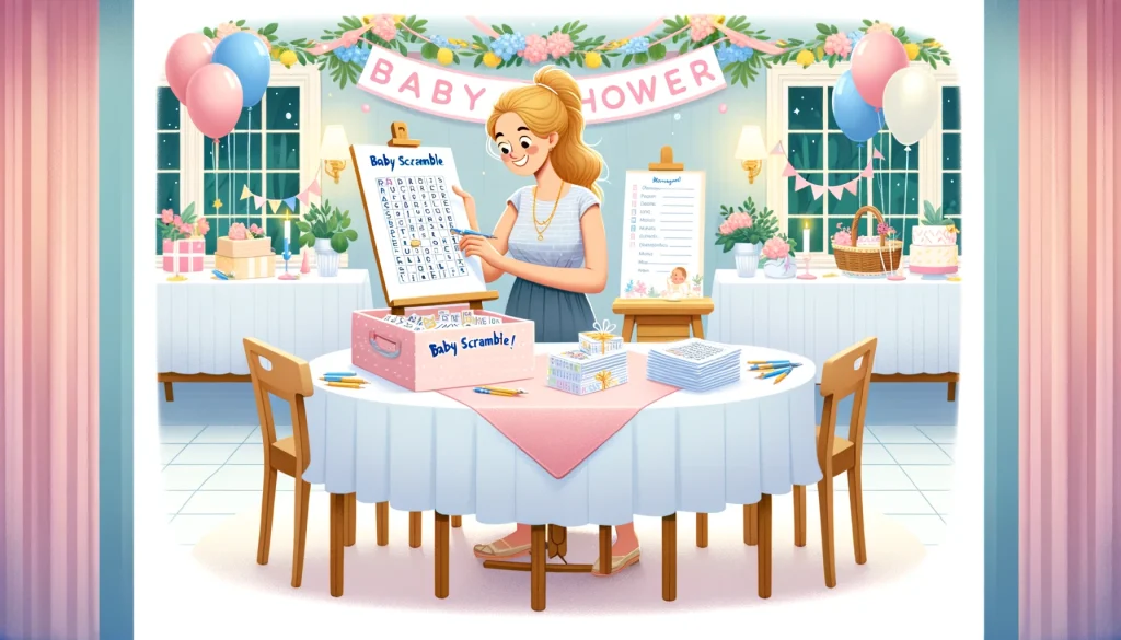 A woman joyfully organizing a baby word scramble game at a baby shower. She's at a beautifully decorated table, arranging printed scramble sheets and pens with baby shower decorations like balloons and streamers in the background. Her expression of joyful anticipation as she prepares for the fun game captures the warmth of baby shower preparations.