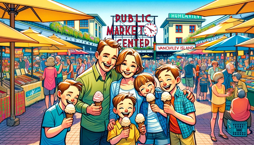 A cartoon family enjoys ice cream at Granville Island Public Market, Vancouver, highlighting the area's lively atmosphere and cultural charm.