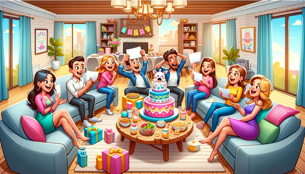 Cartoon illustration of friends playing charades in a bright, open-concept living room with snacks and a diaper cake in the background.